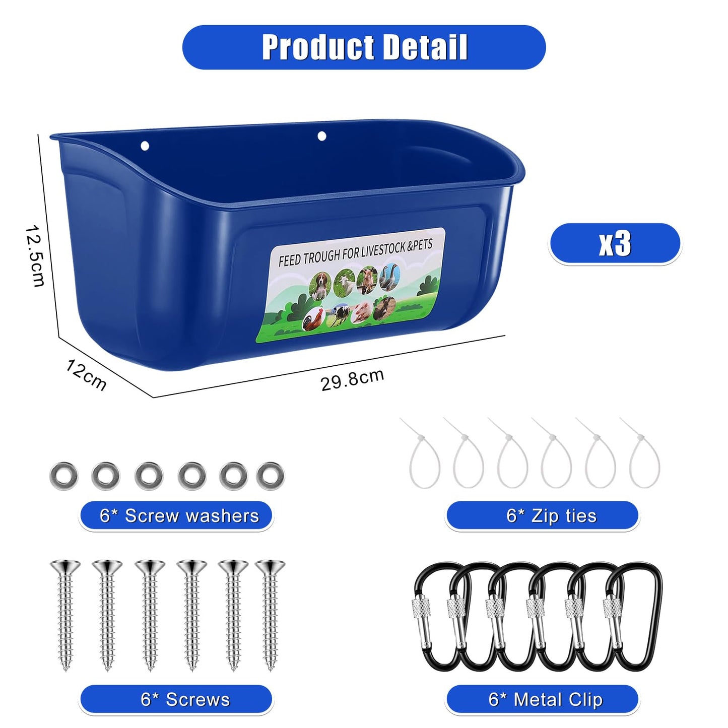 JNYLYFC Chicken Feeder Waterer, 3 Pack Duck Feeder Supplies, Hanging Fence Feed Trough with Clips for Goat, Sheeple, Piglet, Gooses, Turkeys, Dog Livestock Poultry, Blue