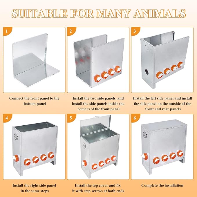 Automatic Chicken Feeder No Waste Large Capacity 85lbs 6-Ports Metal Poultry Feeder with Pull Handle for Chickens Geese Ducks Poultry Coop Weatherproof Design