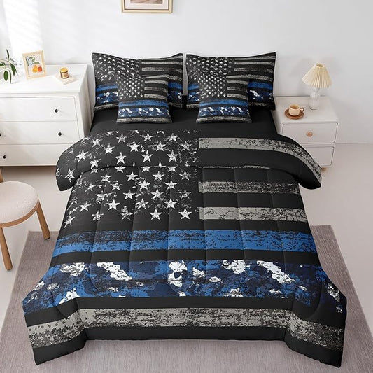 jejeloiu Kids Blue Camouflage Comforter Set with Sheets King Size American Flag 7 Pieces Bedding Set For Boys Girls Teens Bedroom Decor Vintage Camo Military Style Disruptive Pattern Bed in a Bag Soft