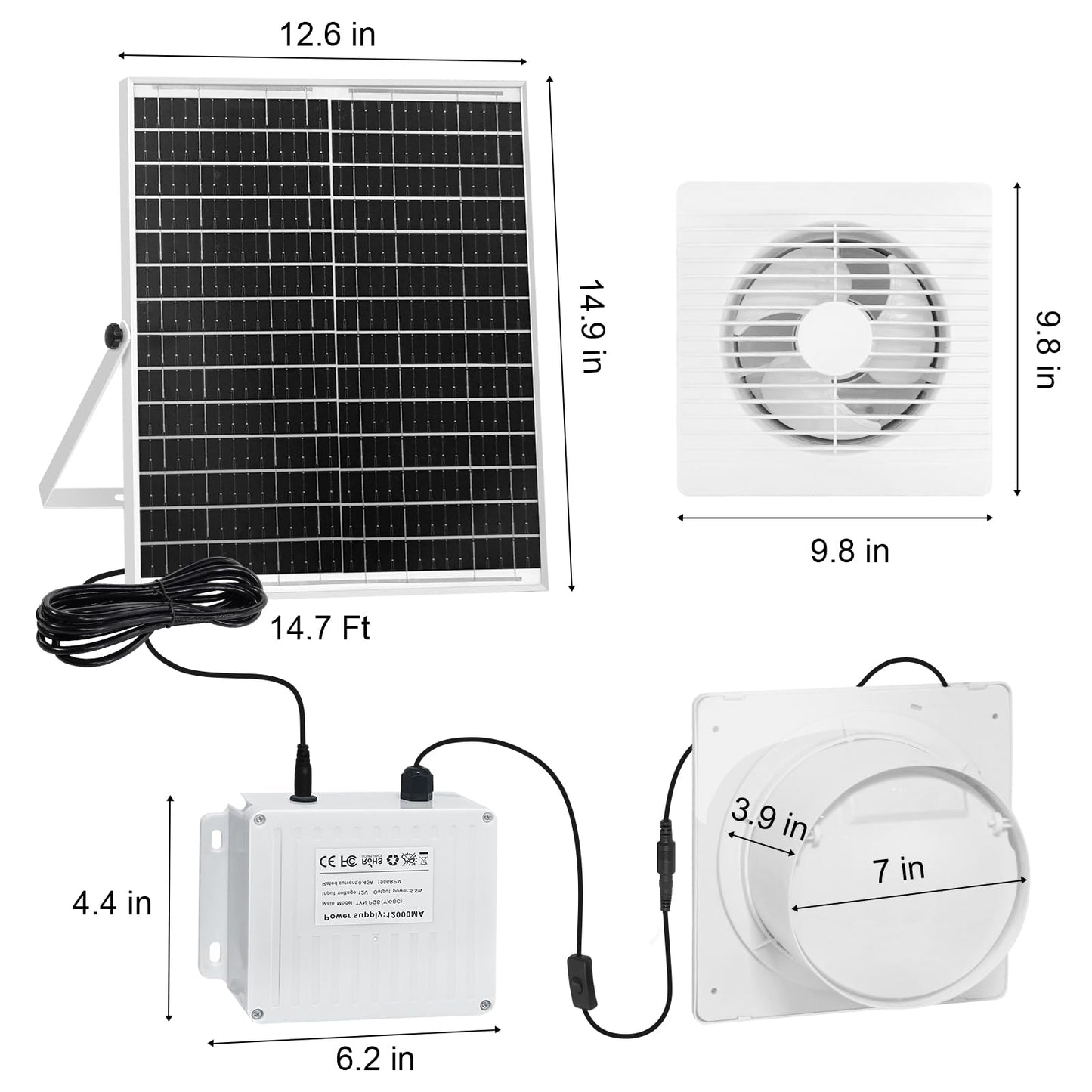 Auzev Solar Exhaust Fan with 12000mAH Battery, 22W Solar Powered Fan for Greenhouse Circulation, Chicken Coop, Shed, barn, Outside, Outdoor Waterproof with 14.7Ft Cable, 9.8"