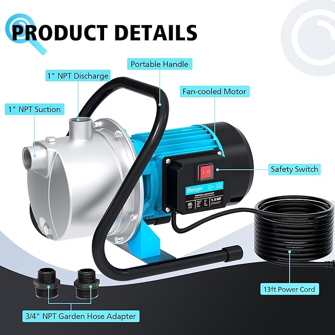 1.5HP Water Transfer Pump,1200GPH Shallow Jet Well Pump,Extended 13FT Power Cord Portable Sprinkler Booster Pump,Irrigation Lawn Fountain Pool Draining Self Priming Transfer Pumps