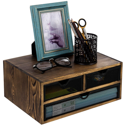 MyGift Rustic Burnt Brown Solid Wood Desktop Organizer Box with 3 Removable Black Metal Mesh Trays, Office Desk Supplies Storage Drawers for Accessories
