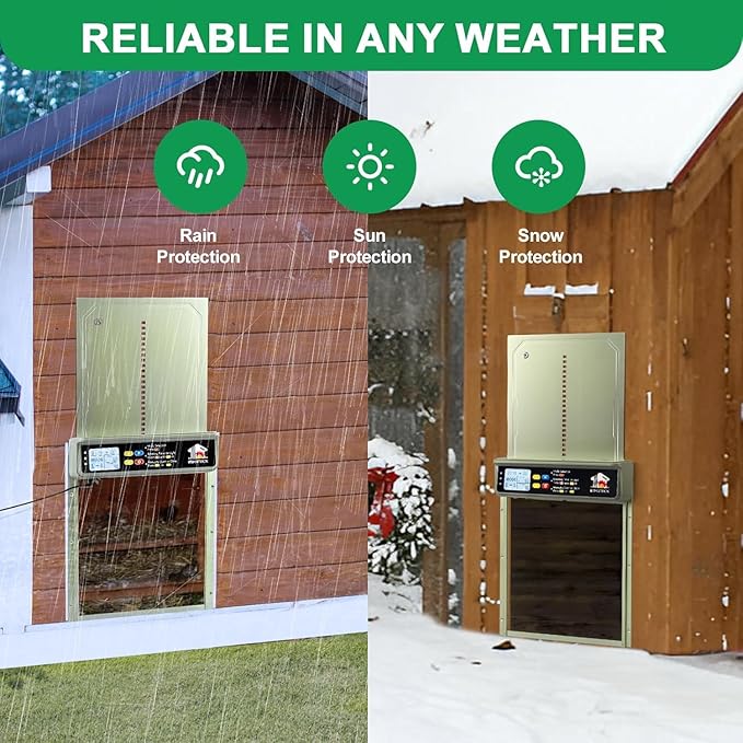 Automatic Chicken Coop Door Solar Powered with Timer, Light Sensor, Remote Control, LCD Display, Aluminum Alloy 4 Auto Modes Wide Chicken House Door, Anti-Pinch, Weatherproof, USB Backup, Green