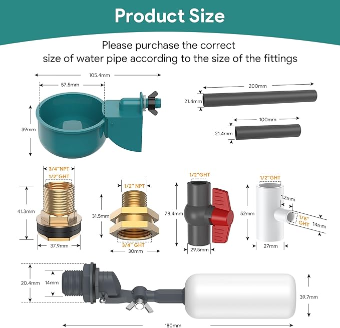 Complete Set Automatic Chicken Waterer System for Continuous Fresh Water, DIY Chicken Water Feeder with 9 Chicken Water Cups, 1/2" SCH.80 PVC Piping, Brass Pipe Fittings, Ball Valves, Poultry Waterer
