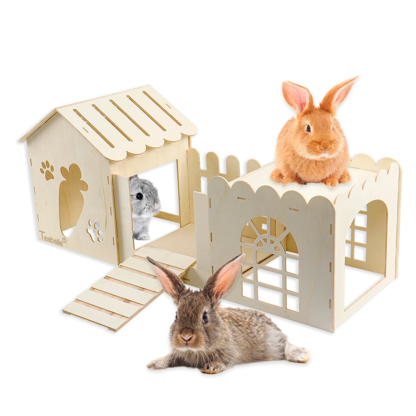 Large Rabbit Wooden Hideout House, Multi-Chamber Small Animal Wooden Castle Cage, Bunny Playhouse Habitat Decor Tunnel for Dwarf Rabbit Guinea Pig Chinchilla Hedgehog Squirrel