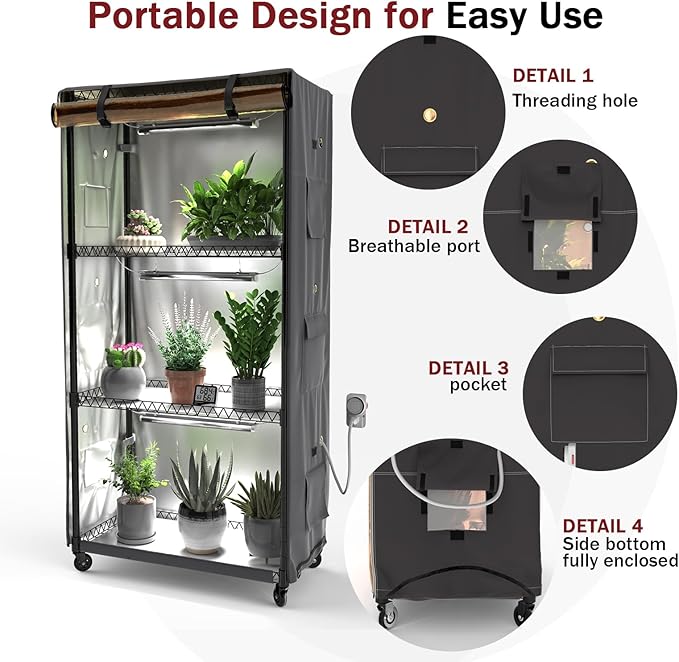 Indoor Greenhouse with Clear Cover – 4-Tier Portable Plant Stand with 3 T8 Grow Lights, Timer, Thermometer, Ventilation, Seed Starter for Herbs, Seedlings, Flowers (35.8"x13.8"x62.8")