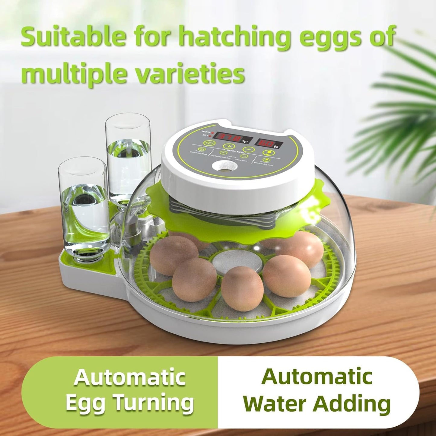 HOWUXZO Incubators for Hatching Eggs, 8 Egg Incubator with Automatic Egg Turning, Temperature and Humidity Display, Egg Candler, Chicken, Quail, Duck, Goose, Incubator for Home & Farm