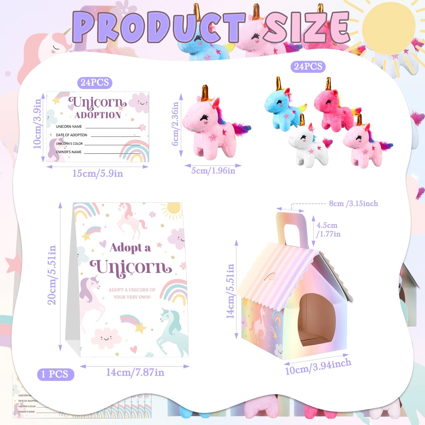 Blueweenly 73 Pcs Adopt a Unicorn Party Favors Set for Girl Mini Plush Unicorn Stuffed Animal Gift Box Adoption Card 1 Animal Sign with Carton House for Adopt a Pet Party Favor Birthday Supply (Cute)