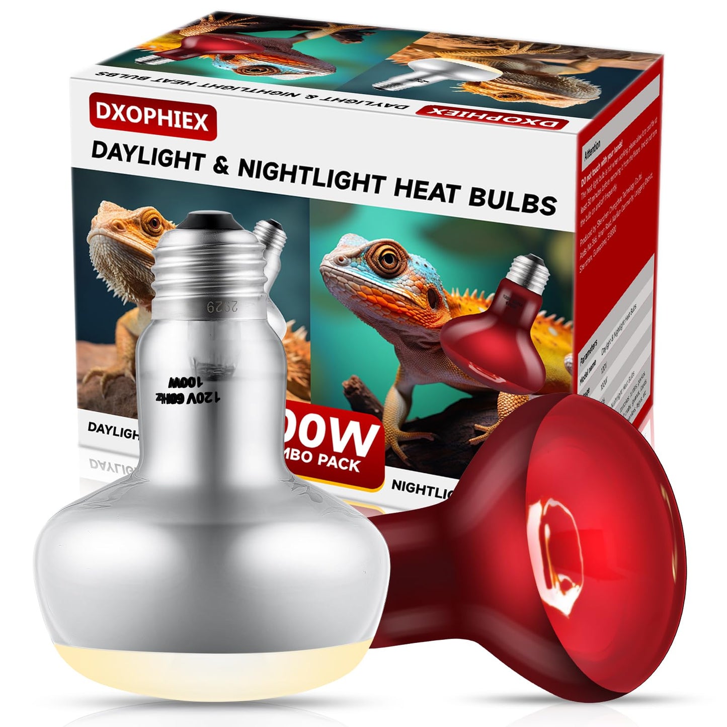 DXOPHIEX 2 Pack 100W Reptile Heat Lamp Bulbs Reptile Heat Bulbs, UVA Basking Bulb and Infrared Light Bulb Combo, Basking Light for Bearded Dragon, Turtles, Snake and Lizard