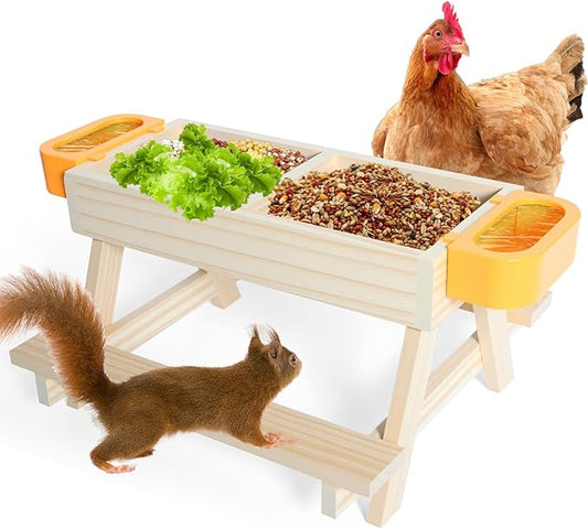 Chicken Feeder Picnic Table No Waste Wooden Picnic Table with Water Bowls Chicken Coop Accessories for Poultry Chicks, Duck, Goose, Squirrel,Turkey