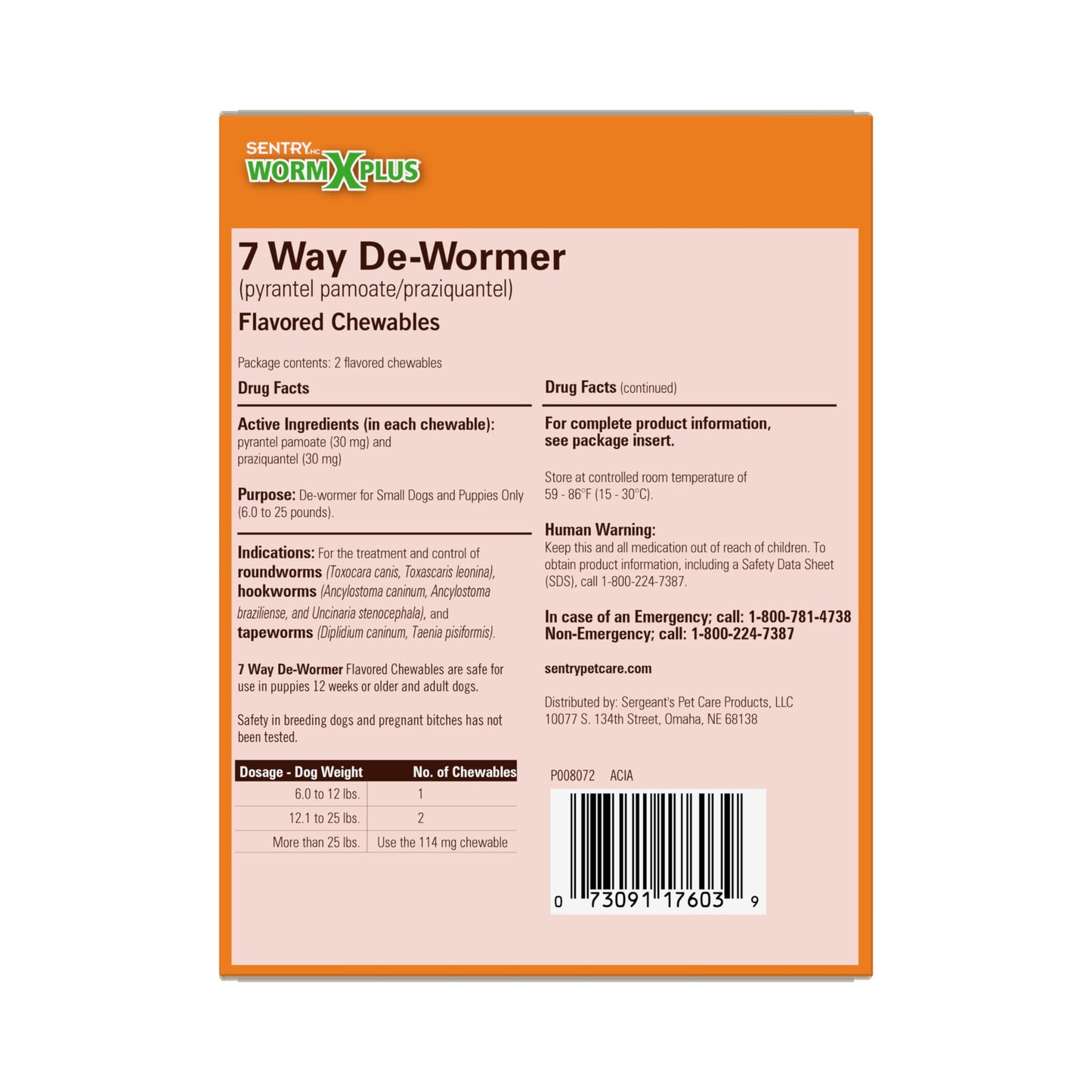 SENTRY HC Worm X Plus 7 Way De-Wormer (pyrantel pamoate/praziquantel), for Puppies and Small Dogs, 6-25 lbs, Chewable, 2 Count