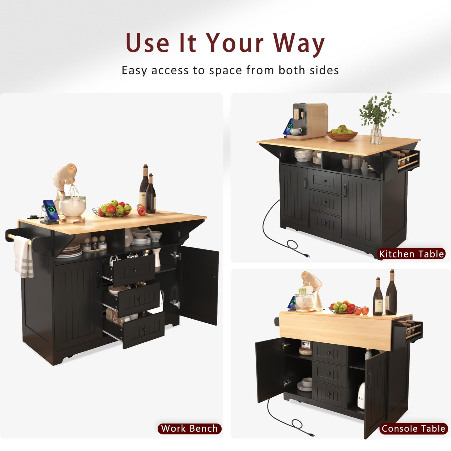 Merax 55.7" Large Kitchen Cart Island on Wheels Foldable Dining Table with 2 Drop Leaf,Power Outlet,3 Drawers,Wood Frame Storage Cabinet