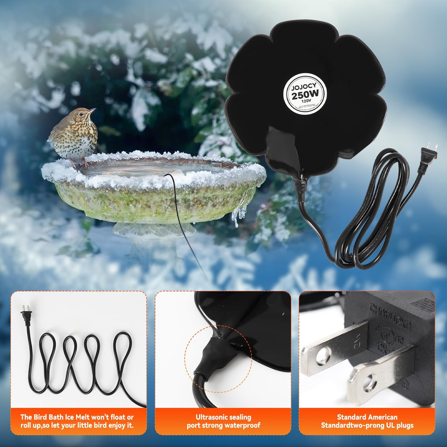 2 PCS Flower Shape 250W Submersible De-Icer for Livestock, Bird Baths, Fish Ponds, Winter Chicken Water Heater Warmer with Thermostat, 6.6ft Power Cord