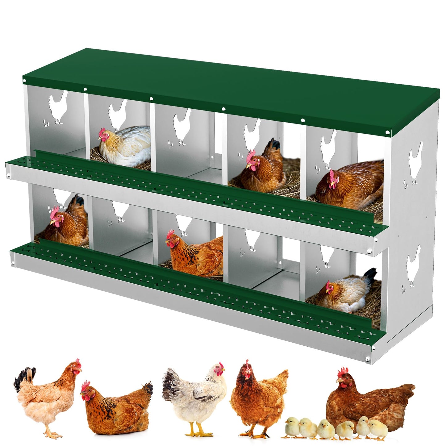Chicken Nesting Box, 10 Holes Nesting Boxes for Chicken, Chicken Laying Boxes for Chicken Coop Hens, Easy Egg Collection, Easy Cleaning, Green