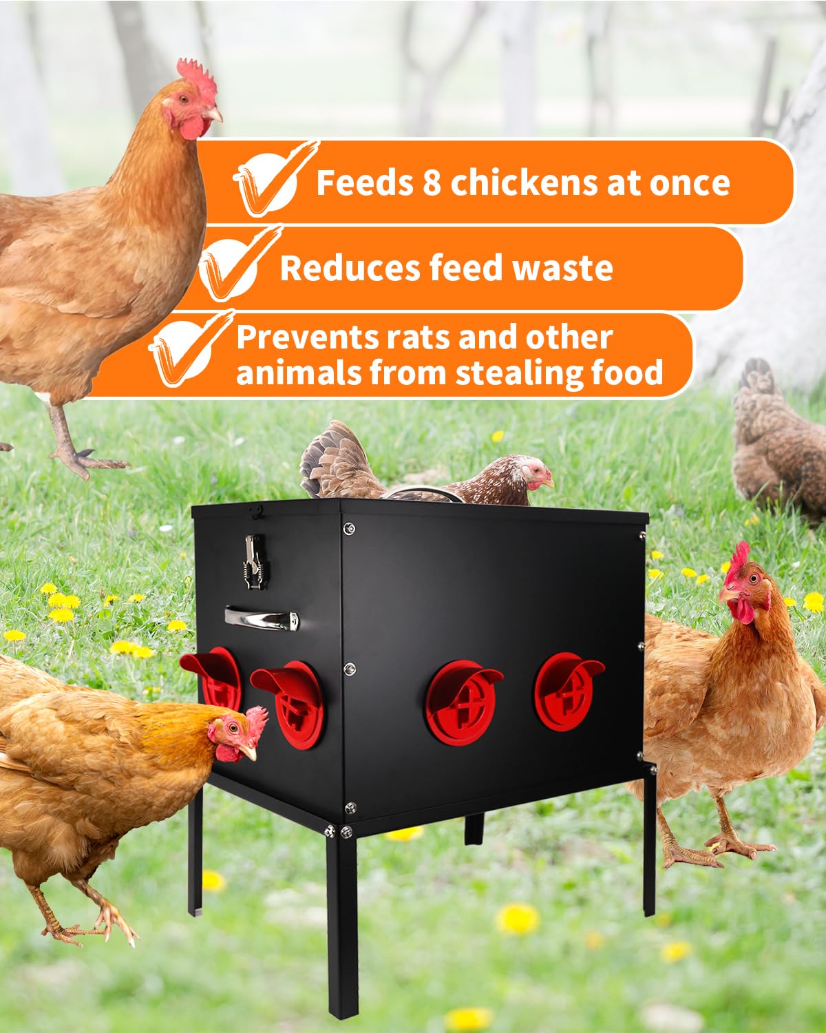 Automatic Chicken Feeder –45LB 8 Feeding Ports,Large Metal Chicken Feeders - No Waste Poultry Feeder with Locking Lid and Legs for Inside Coops