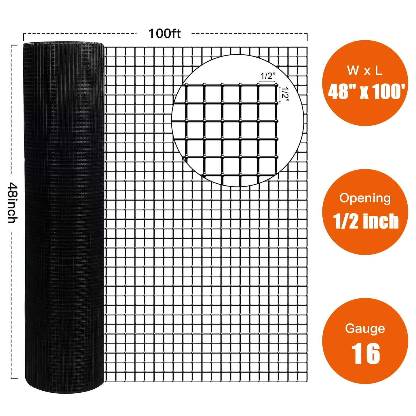 Zevemomo 48" x 100' 1/2inch Hardware Cloth, Black Vinyl Coated Chicken Wire Fence Galvanized Welded Mesh Roll for Home Garden Rabbit Cage