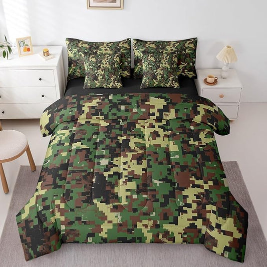 jejeloiu Green Brown Camouflage Comforter Set with Sheets for Kids Boys Camo Bed in a Bag Full Size Military Style Vintage Abstract Geometric Disruptive Pattern 7 Pieces Bedding Set Bedroom Decor Soft