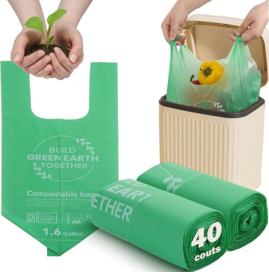 Compost Handle Bags 1.6 Gallon 6Liter Extra Thick 0.6 Mils Compostable Food Scrap Waste Bags with US BPI ASTM D6400 and Europe OK Compost Home Certified Green 40 Couts