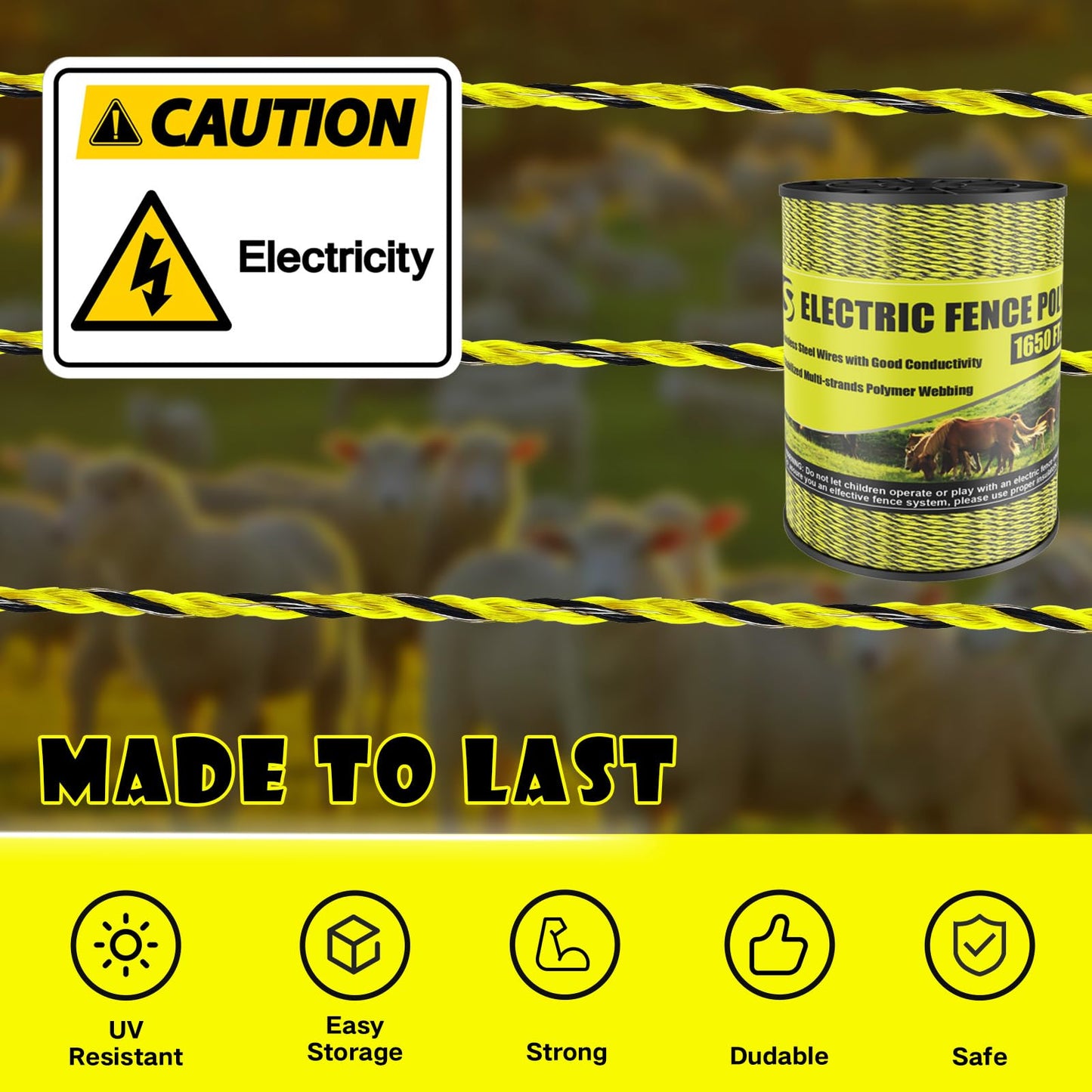 BESTEEL Upgraded Electric Fence Poly Wire 1650 Feet 500 Meters, 1/8" Diameter Portable Electric Fencing Polywires, 6 Stainless Steel Strands for Reliable Conductivity and Rust Resistance UV Resistant