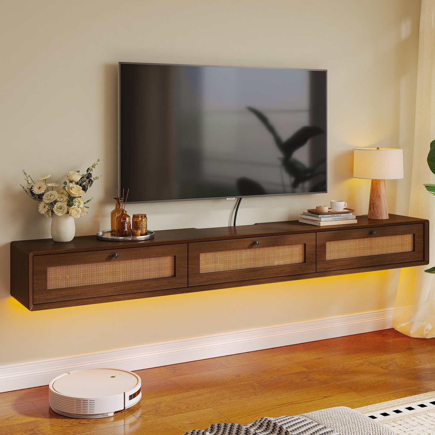 FloatiCasa Fully-Assembled Floating TV Stand with 3 Rattan Doors, Rustic Floating Entertainment Center Under TV Shelf, Modern Large Storage Wall Mounted Media Console for Living Room Bedroom 78IN