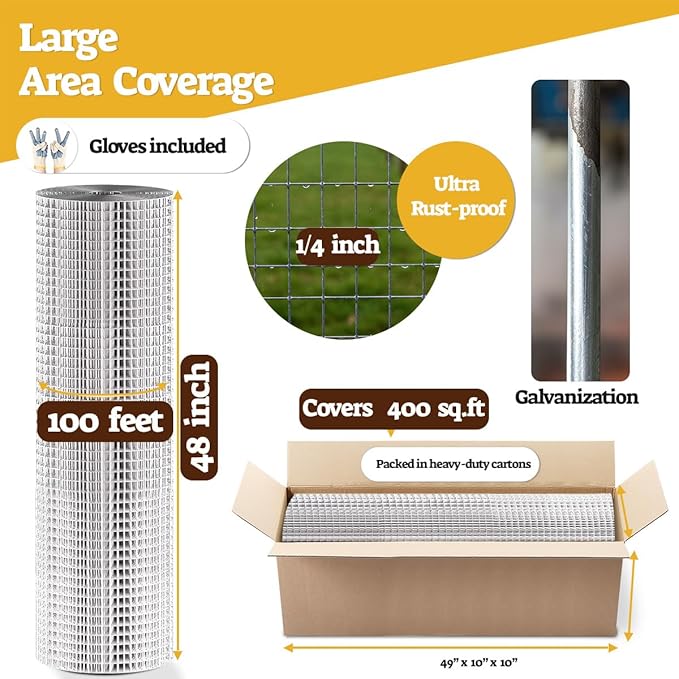 HORCH Hardware Cloth 1/4 inch 48 x 100 Ft 23-Gauge, Chicken Wire Mesh Roll, Mesh Wire Fencing, Gopher Wire for Underground, Rabbit Wire, Chicken Coop Cover, Tree Guard, Hardware Mesh