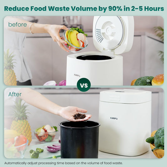 Karfo Electric Composter for Kitchen, Smart Compost Bin Outdoor/Indoor, Odorless Single-Button Auto Operation, Turn Food Waste to Fertilizer for Plants, Food Waste Compost Machine（White）