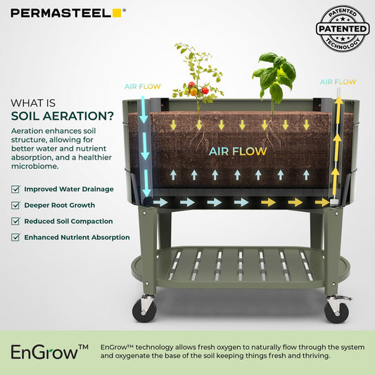 Permasteel Raised Garden Bed with Legs, 40×20×37 in, Planter Box with EnGrow™ TrueSoil™ Technology for Vegetables, Flowers, Herbs, and Fruit, Outdoor Indoor, Storage Shelf, Green