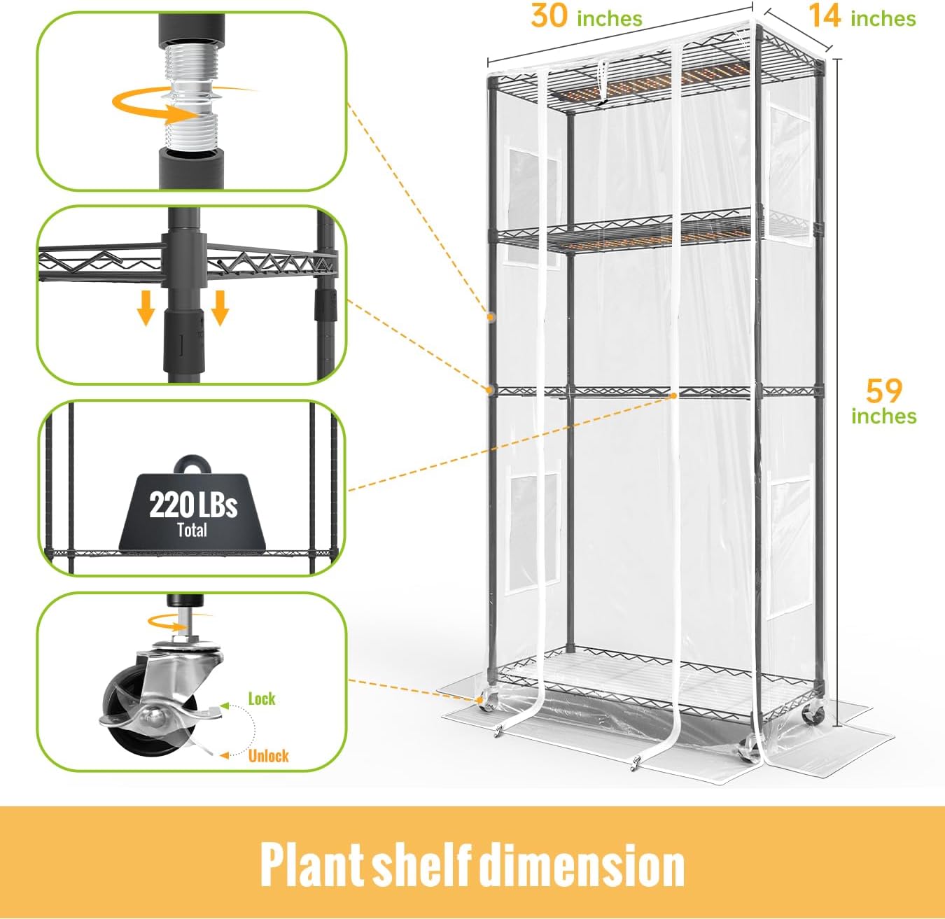 SpeePlant Indoor Greenhouse with Grow Light and Shelves - 4 Tier Plant Stand with Grow Light, Zippered PVC Cover and 3 Dimmable 1.8FT 60W Grow Lights with Timer, 30""(L) X 14""(W) X 59""(H), Black