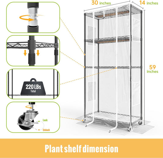 SpeePlant Indoor Greenhouse with Grow Light and Shelves - 4 Tier Plant Stand with Grow Light, Zippered PVC Cover and 3 Dimmable 1.8FT 60W Grow Lights with Timer, 30""(L) X 14""(W) X 59""(H), Black
