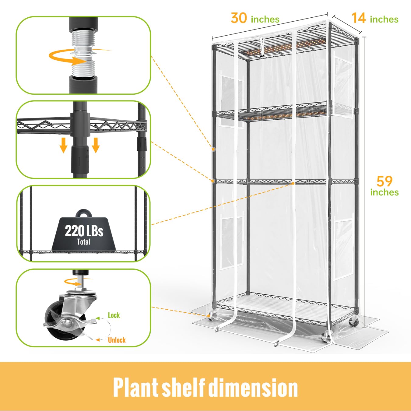 SpeePlant Indoor Greenhouse with Grow Light and Shelves - 4 Tier Plant Stand with Grow Light, Zippered PVC Cover and 3 Dimmable 1.8FT 60W Grow Lights with Timer, 30""(L) X 14""(W) X 59""(H), Black