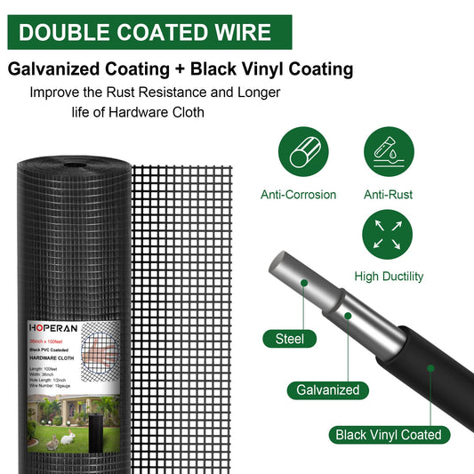 HOPERAN Black Hardware Cloth 1/2 inch 36 x 100 Ft Mesh 19 Gauge PVC Coated Chicken Wire - Vinyl + Galvanized Double Coated Fence - Welded Wire Mesh Roll for Chicken Coop Fencing Garden Fencing