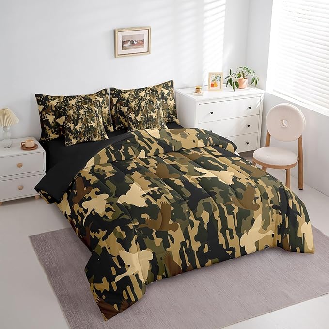 Feelyou Camouflage Print Bed Set Boys Girls Twin Size Camo 7 Pieces Bedding Set for Kids Women Men Military Duck Hunter Bed Set Includes Comforter, Sheet Set, Pillowcases Army Camo Room Decor