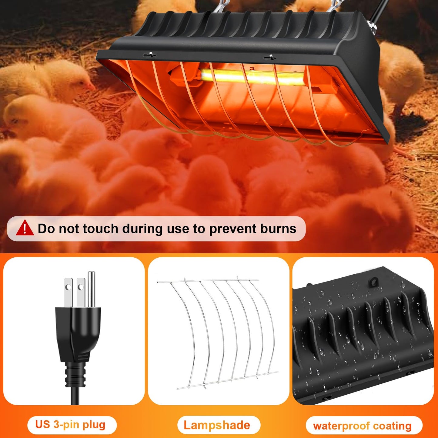 CERISURIO Chicken Coop Heating Lamp Brooder 250W, Adjustable Heating Temperature and Hanging Height, with Aluminum Alloy Lampshade, Suitable for Poultry Indoor Heater (Black)