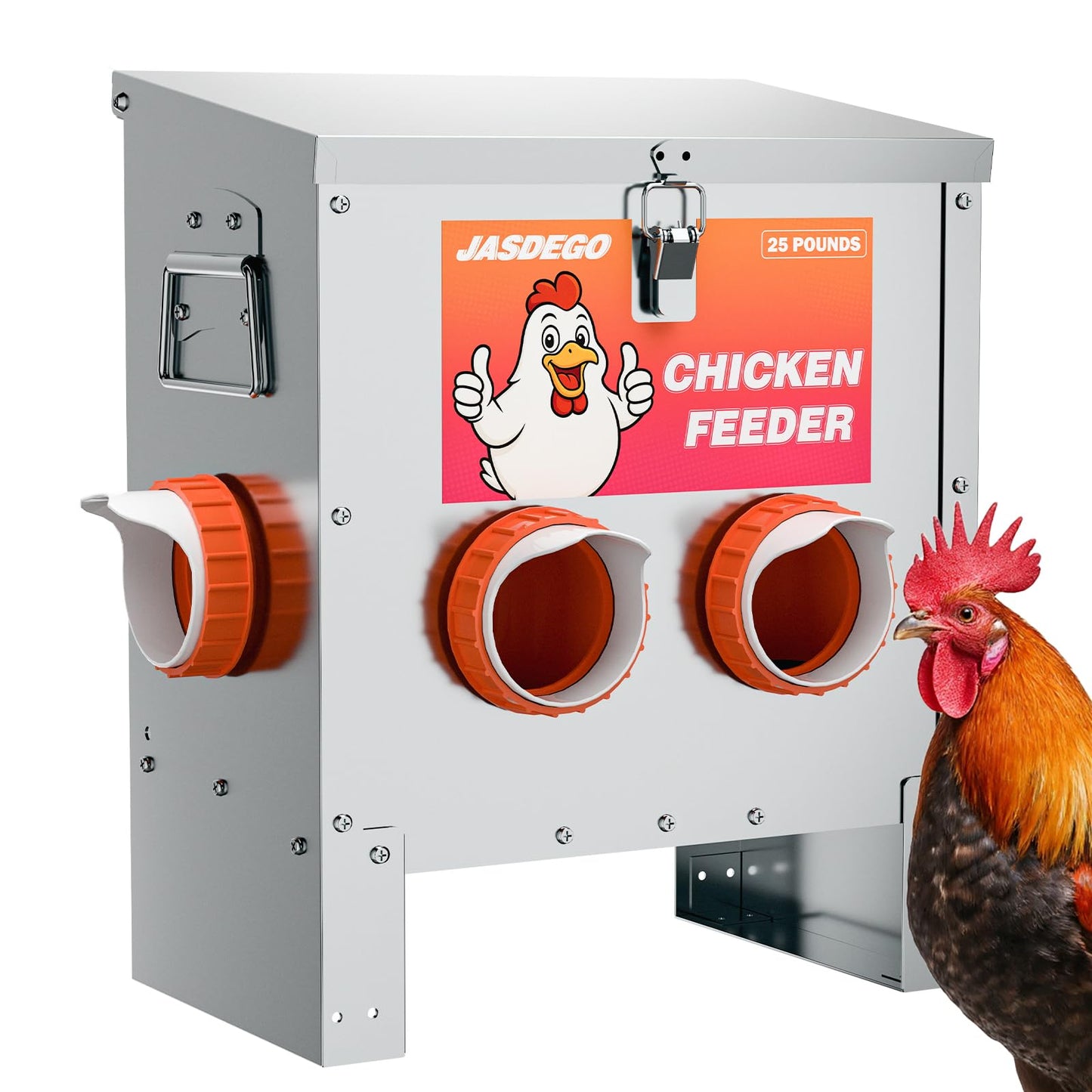 JASDEGO 4 Ports Metal Chicken Feeder No Waste 25 Pounds Automatic Poultry Feeder with Latch & Handle for Chickens Bantams Pheasants Poultry Coop Rodent Proof