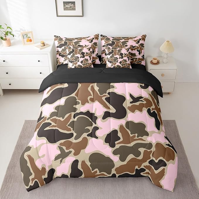 Feelyou Duck Hunter Pink Camouflage Hunting 7 Pieces Bedding Set, Queen Size Black Brown All Season,Bed in a Bag with Comforter, Sheets, Pillowcases Camo Army Bed Set Breathable Wild Room Decor