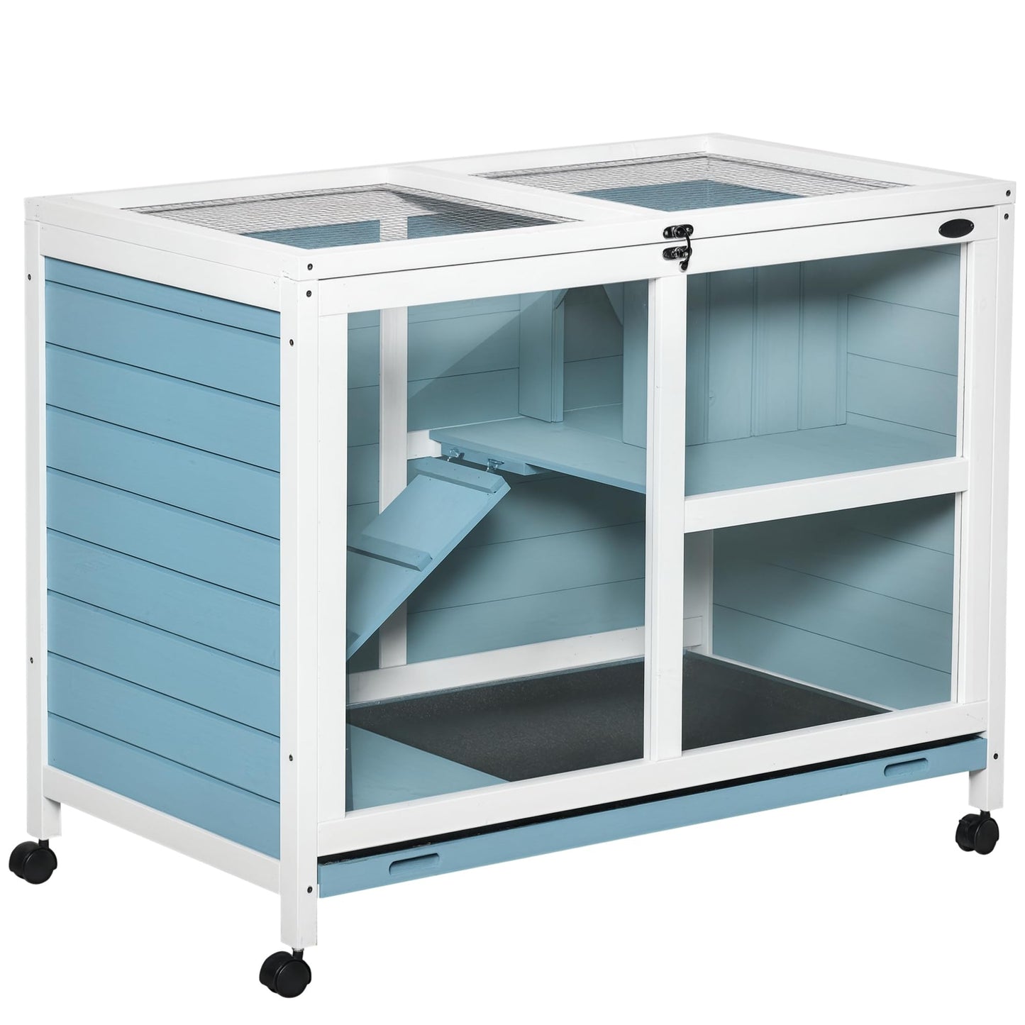PawHut Rabbit Hutch with Wheels, Desk and Side Table Sized, Wooden Rabbit Cage, Waterproof Small Bunny Cage with Removable Tray, Openable Roof, for Indoor & Outdoor, Light Blue