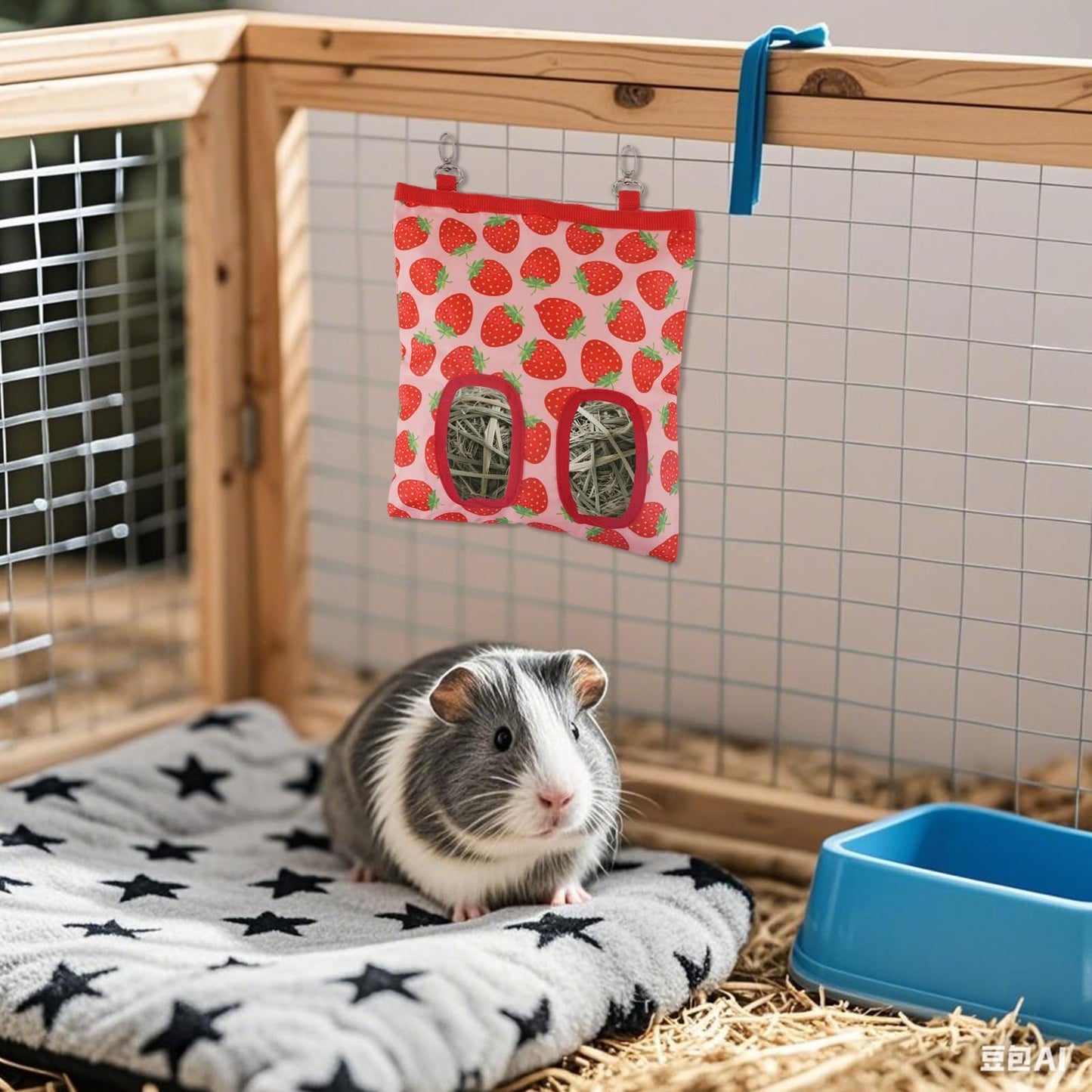 Hay Bag for Rabbits,9.8 X 11.4 Inch Guinea Pig Bunny Hay Feeder,2 Hole Guinea Pig Rabbit Feeder for Rabbit,Forage Sack for Chinchillas and Other Small Pets (Red)