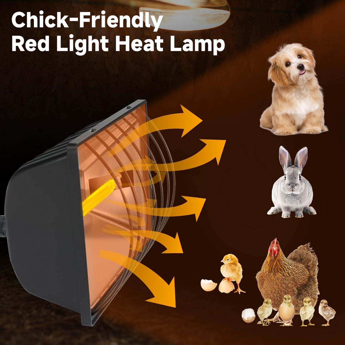 Chicken Coop Heating Lamp, Carbon Fiber Heat Lamp with 175W and 250W Bulbs, Brooder Heater with Guard, Ideal for Poultry, Livestock & Small Pets
