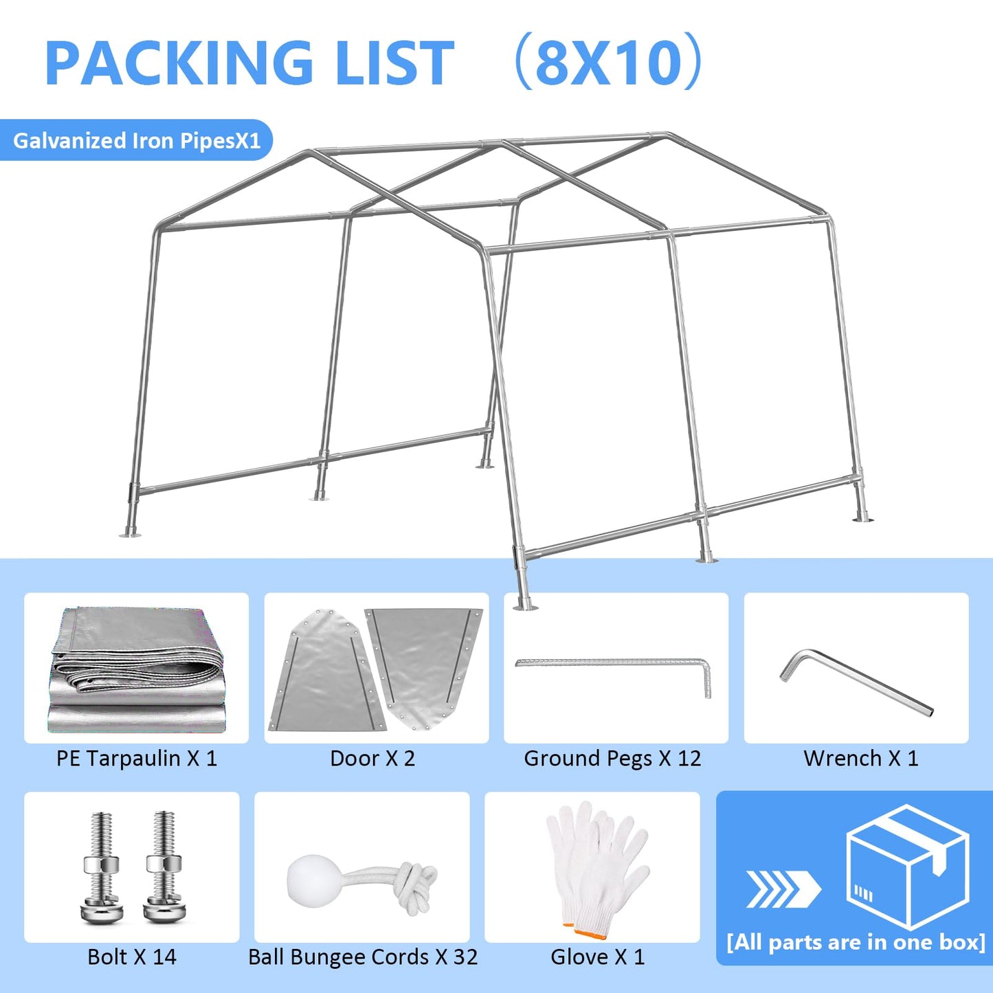 Jocoevol 8x10 ft Carport Heavy Duty Tent with Roll-up Windows, Portable Garage with Galvanized Steel Tubes, Car Canopy All-Season Tarp for Car Boat Truck Motorcycle