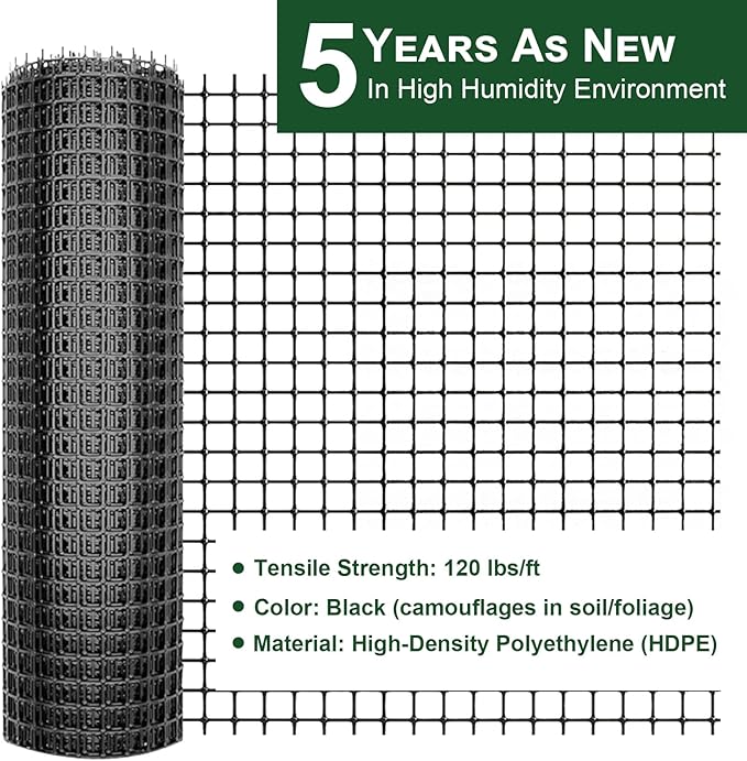 Heavy Duty Plastic Fence Roll 39" x 50' - 0.8x0.8 Inch Chicken Wire Mesh, Reusable Fencing for Garden, Rabbit/Poultry Protection, Balcony & Plant Defense (Black)
