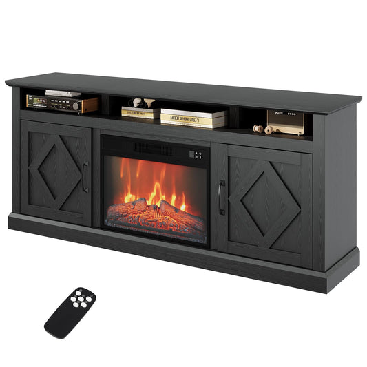 Farmhouse TV Stand with 23" Electric Fireplace for TVs Up to 65", Rustic Sliding Barn Door Entertainment Center with Storage, Remote Control, 3D Flame, Timer & Overheat Protection