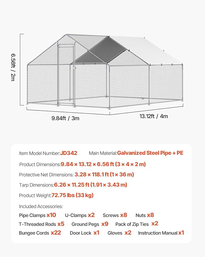 VEVOR Large Metal Chicken Coop, 9.8x13.1x6.5 ft Large Walk in Chicken Runs for Yard with Cover, Hen House Enclosure with Security Lock, Outdoor Duck Rabbit Cage Poultry Pen for Backyard, Farm, Yard