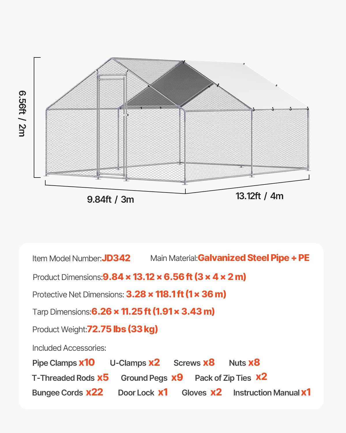 VEVOR Large Metal Chicken Coop, 9.8x13.1x6.5 ft Large Walk in Chicken Runs for Yard with Cover, Hen House Enclosure with Security Lock, Outdoor Duck Rabbit Cage Poultry Pen for Backyard, Farm, Yard