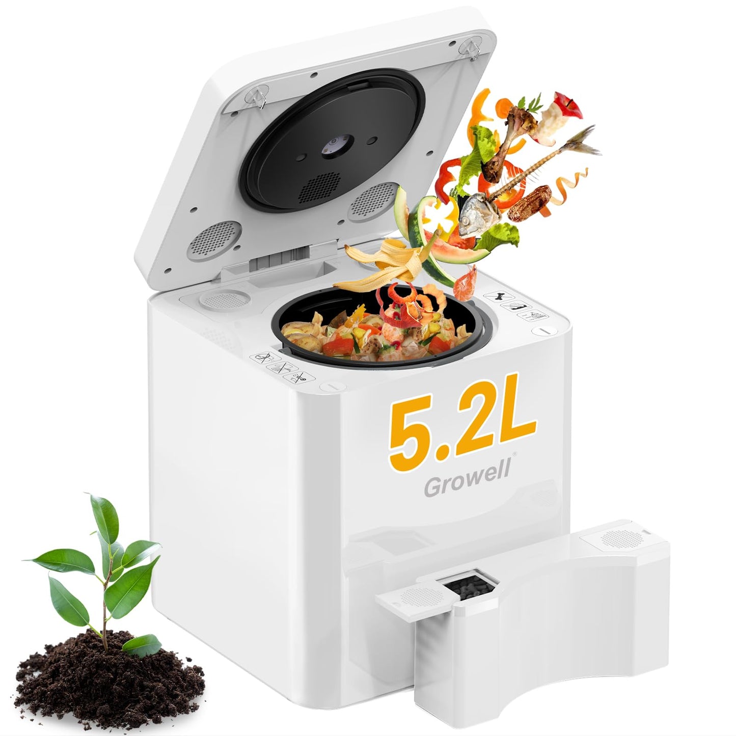 Growell EC03 Electric Composter for Kitchen Indoor, 5.2L 3-in-1 Large Countertop Compost Bin, Drying/Grinding/Composting, Odorless Food Waste Compost Machine with Auto-Clean & Smart Sensor LED Displa
