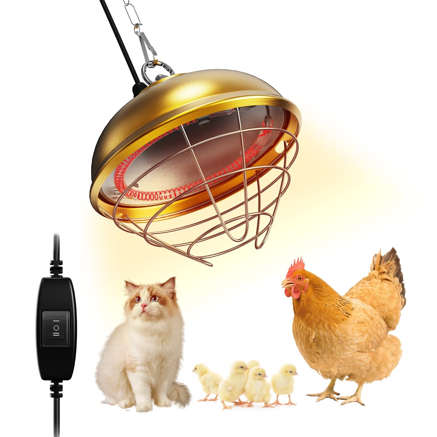 Heat Lamp for Chickens, 170W & 350W Adjustable Heating Temperature and Hanging Height, Chicken Coop Heater, Brooder Lamp, Carbon Fiber Heating Lamp for Chicks, Ducks, Rabbits, Cats, Dogs, Livestocks