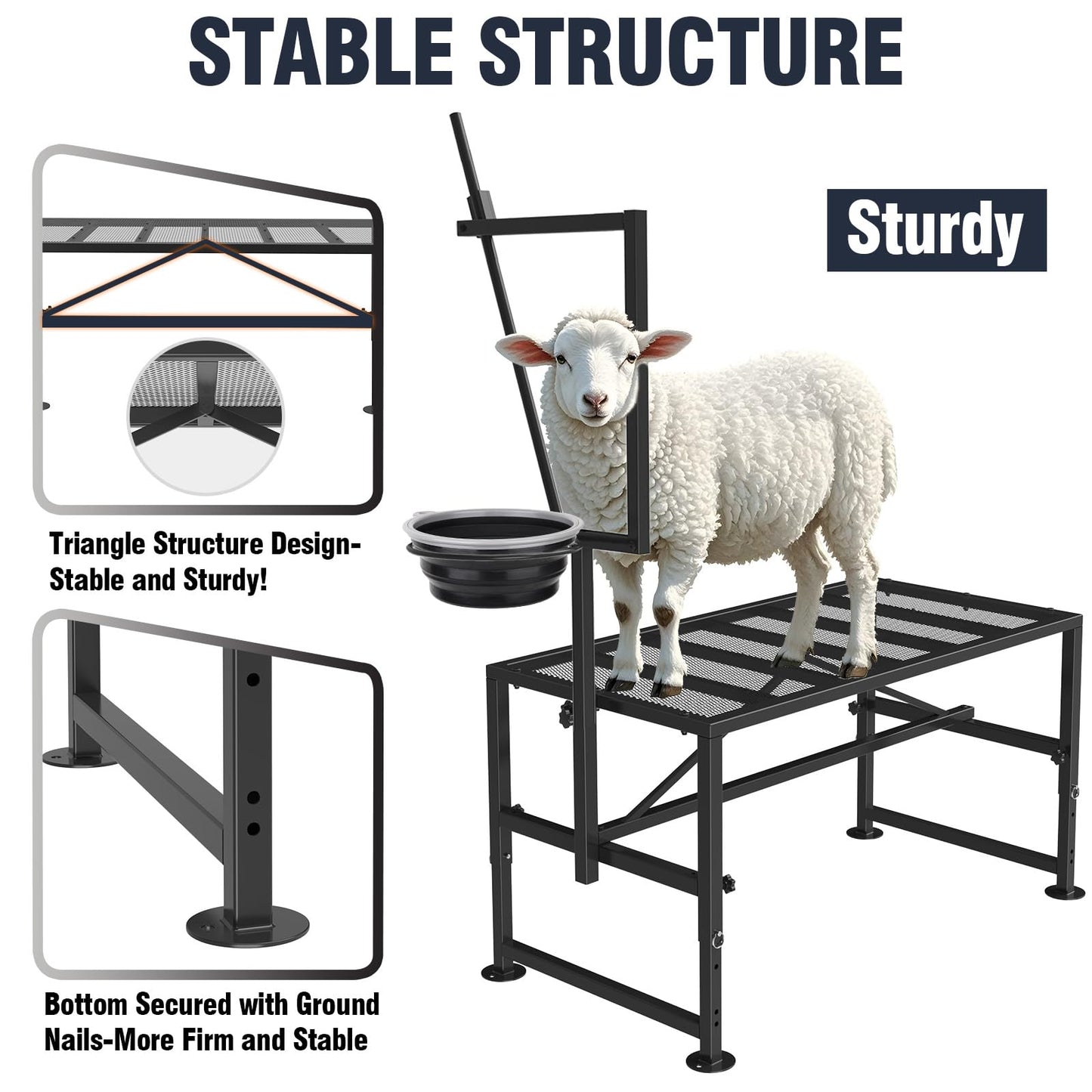 Bknius Goat Stand with Feed Bin for Milking, 600LBs Goat Trimming Stand, Livestock Table for Sheep Trimming Hoof and Milking, Iron Black, Adjustable Size