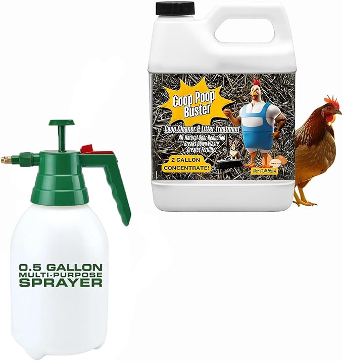 Coop Poop Buster–Chicken Coop Cleaner | 2 -Gallon Mix | Natural Coop Refresher for Chickens | Spray for Coops & Nesting Boxes |16 oz Concentrate 2,000+Sq Ft (16oz. + Half Gallon Sprayer)
