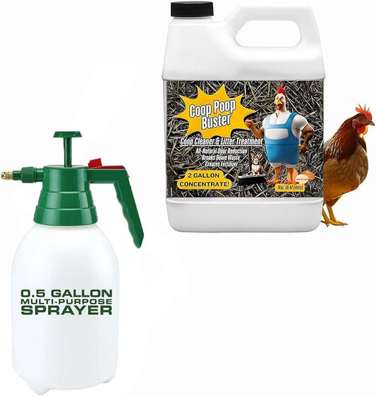 Coop Poop Buster–Chicken Coop Cleaner | 2 -Gallon Mix | Natural Coop Refresher for Chickens | Spray for Coops & Nesting Boxes |16 oz Concentrate 2,000+Sq Ft (16oz. + Half Gallon Sprayer)