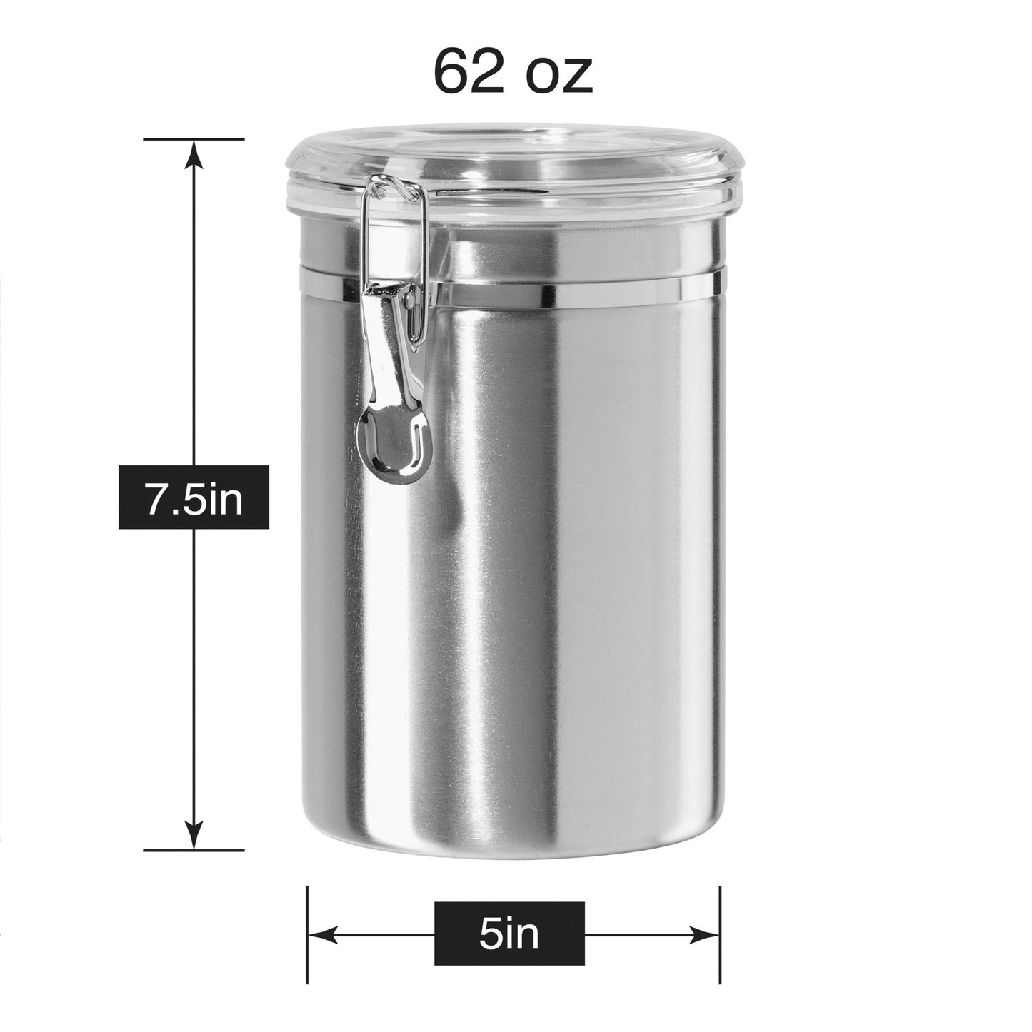 Oggi Stainless Steel Kitchen Canister 62 fl oz - Airtight Clamp Lid, Clear See-Thru Top - Ideal for Kitchen Storage, Food Storage, Pantry Storage. Large Size 5" x 7.5".
