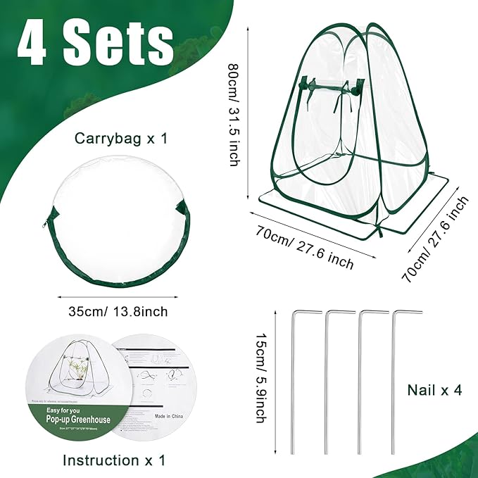 Woanger 4 Pieces Mini Greenhouse Pop up Flower Cover 27 x 27 x 31 in Small Sunshine Room Portable Cold Frost Protector for Indoor Outdoor Backyard PVC Gardening Plant, Individual Package with Tools
